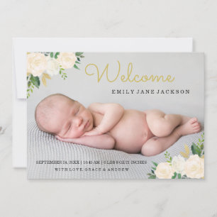 Anuncio de nacimiento con elegante foto floral dor