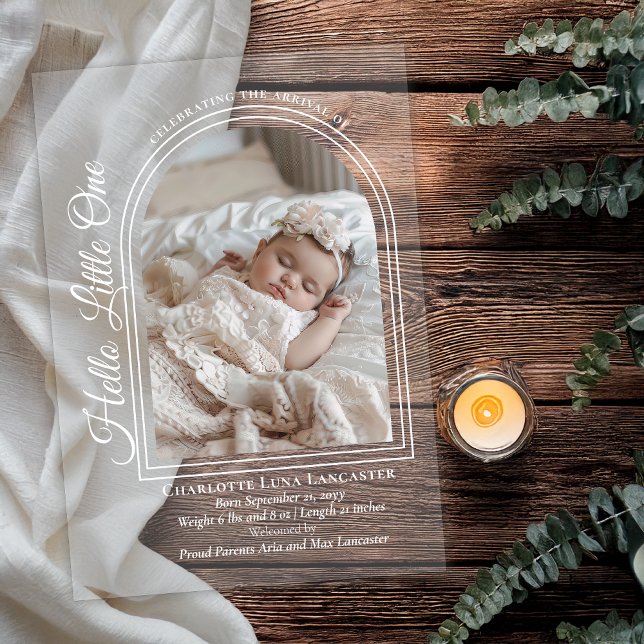 Anuncio de Nacimiento con Foto Arqueada y Letra El (Arched Photo Elegant Script "Save the Date" Acrylic Announcement - White Text on Clear)