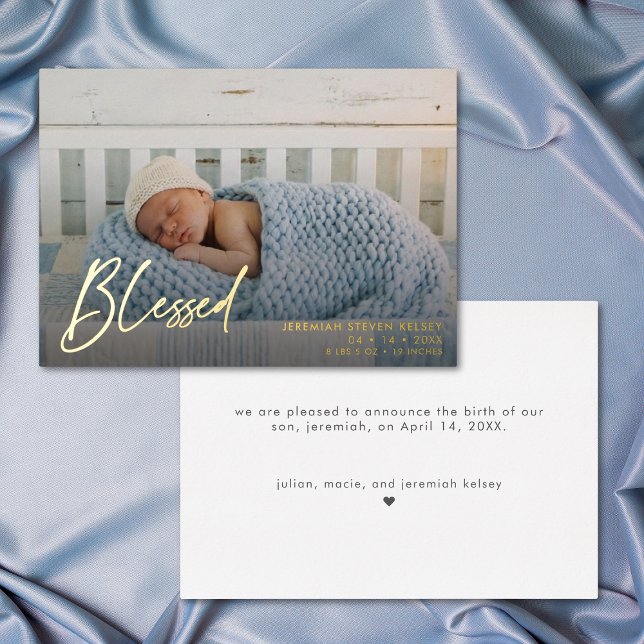 Anuncio de nacimiento con foto de bebé bendito min (Minimal Baby Blessed Photo Birth Announcement)