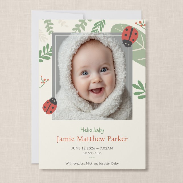 Anuncio de Nacimiento con Foto de Bebé en Prado de (Ladybird Meadow - 5x7" Flat Baby Announcement Photo Card)