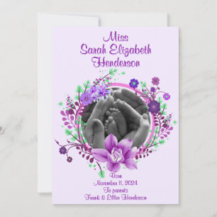 Anuncio de nacimiento con foto floral morada bonit