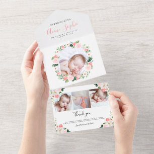 Anuncio de nacimiento con foto floral y tarjeta de