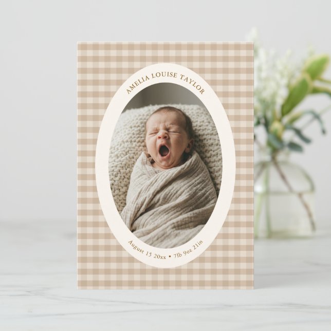 Anuncio de nacimiento con foto oval gingham beige  (Anverso de pie)