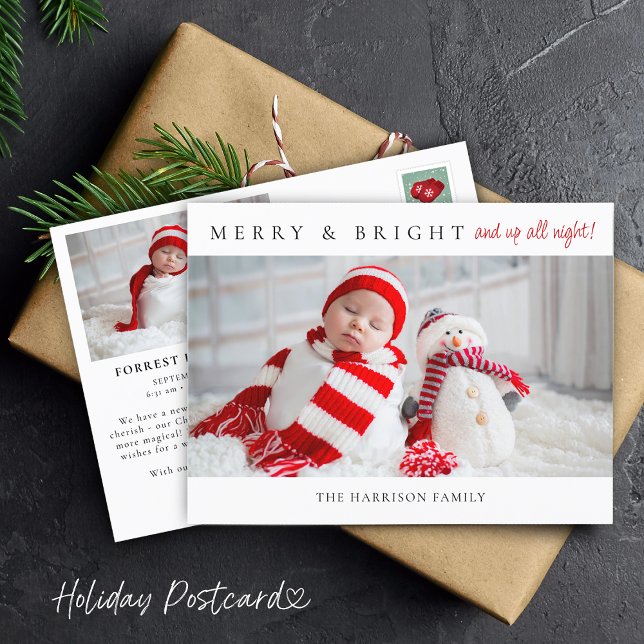 Anuncio de nacimiento con fotos de Feliz Navidad t (Merry & Bright Birth Announcement Photos Postcard)