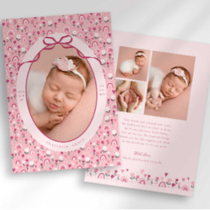Anuncio de nacimiento con lazo floral Ditsy Doodle