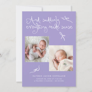 Anuncio de nacimiento con lazos adorables violeta 