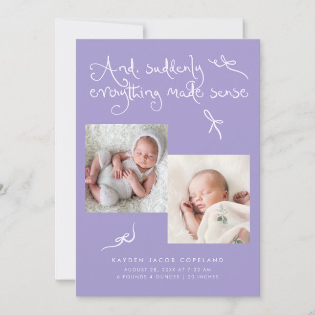 Anuncio de nacimiento con lazos adorables violeta  (Anverso)