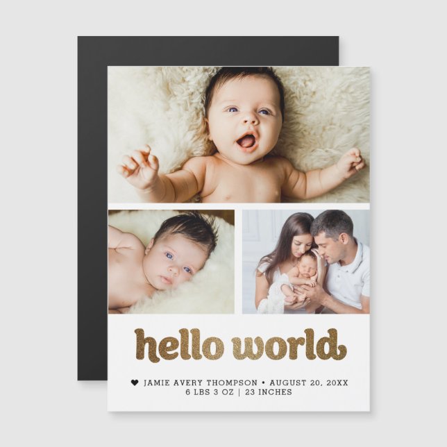 Anuncio de nacimiento con texto dorado 'Hola Mundo (Anverso/Reverso)