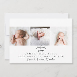 Anuncio de nacimiento con tira de fotos de corazon