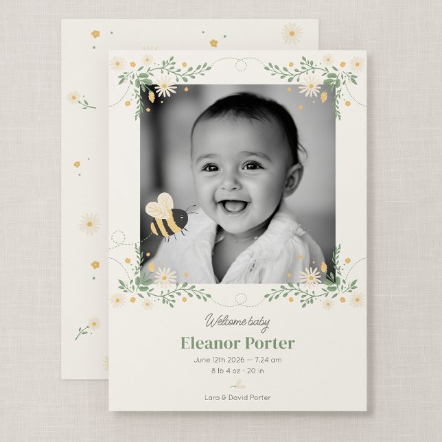 Anuncio de nacimiento de abejorro 5x7" Tarjeta de  (Wildflower Flight - 5x7 Honey Bee Baby Announcement Card)
