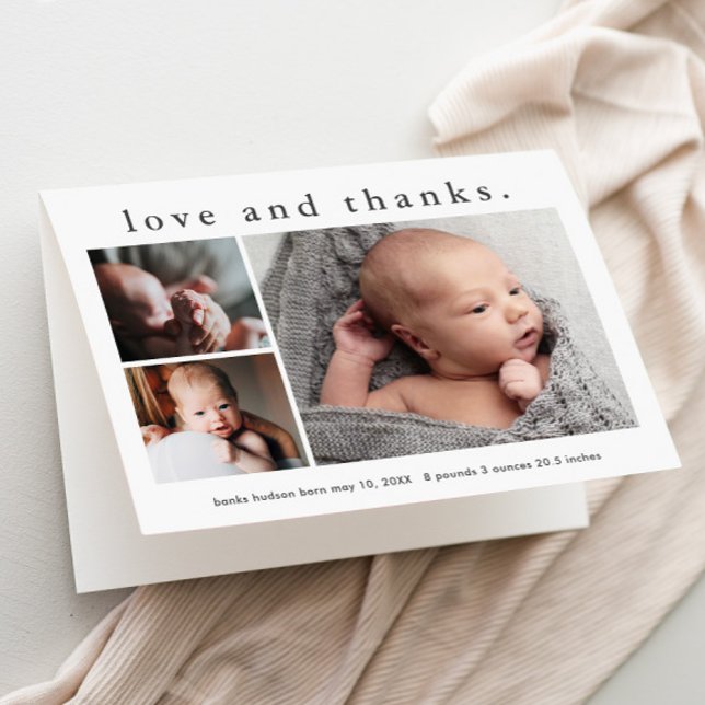 Anuncio de nacimiento de amor y agradecimiento a b (3 Photo Collage Folded Baby Thank You Card and Birth Announcement.)