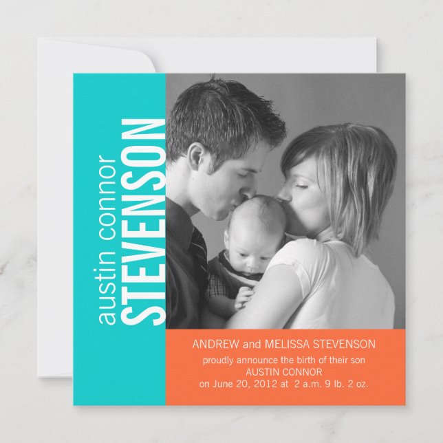 Anuncio de nacimiento de Aqua Naranja Niño Moderno (Anverso)