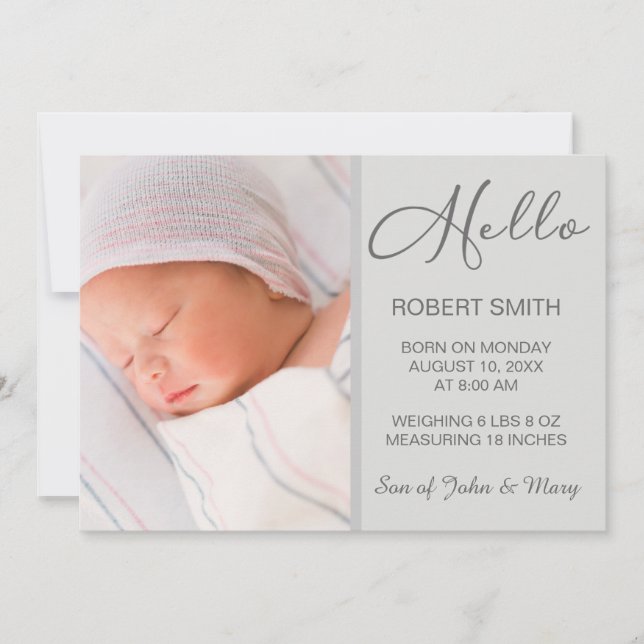Anuncio de nacimiento de Baby Photo Hello Script (Anverso)