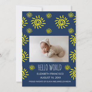 Anuncio de nacimiento de bebé azul sol boho mundo 