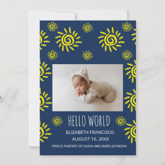 Anuncio de nacimiento de bebé azul sol boho mundo