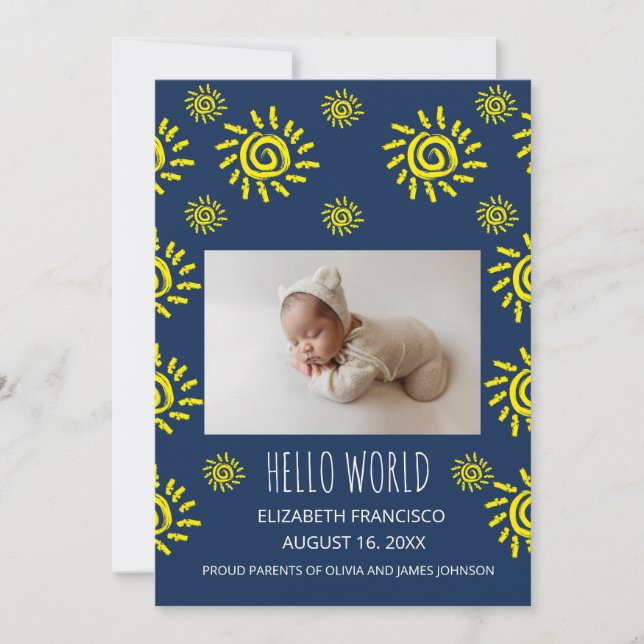 Anuncio de nacimiento de bebé azul sol boho mundo  (Anverso)