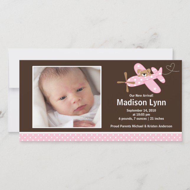 Anuncio de nacimiento de bebé bebé de avión rosa (Anverso)