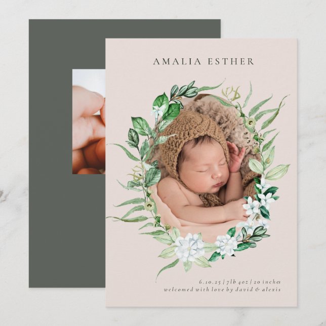 Anuncio de nacimiento de bebé bebe rosa y verde de (Anverso / Reverso)