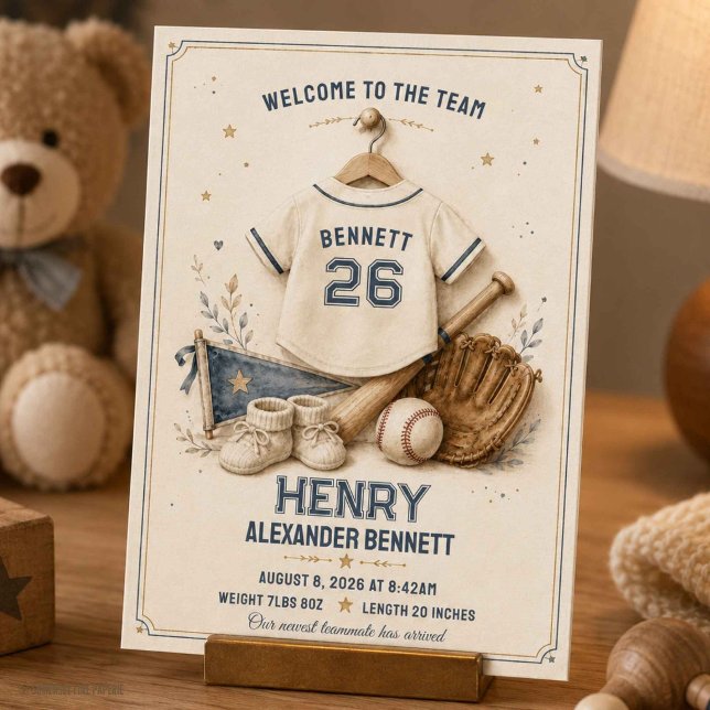 Anuncio de nacimiento de bebé con camiseta de béis (Vintage Baseball Jersey Baby Birth Announcement)