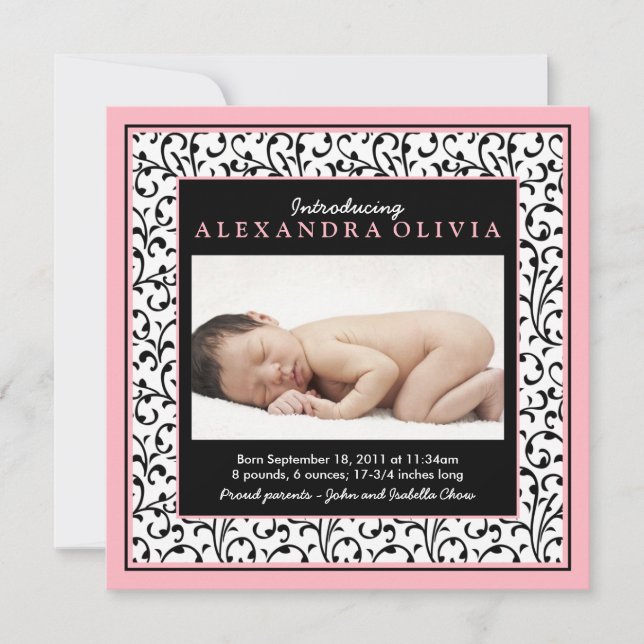 Anuncio de nacimiento de bebé con flores rosadas (Anverso)