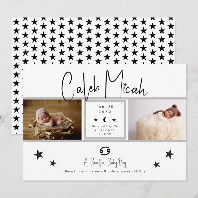 Anuncio de nacimiento de bebé con foto de las estr (Anverso / Reverso)