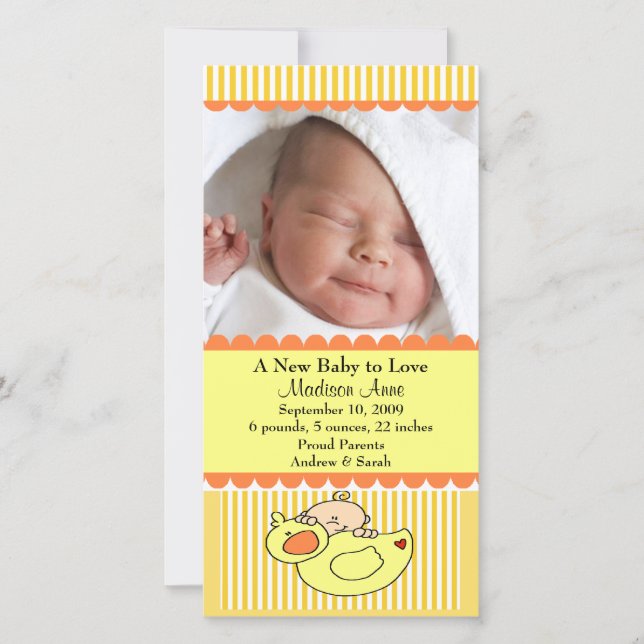 Anuncio de nacimiento de bebé con foto de pato (Anverso)