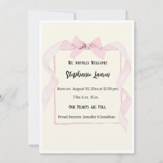 Anuncio de nacimiento de bebé con lazo rosa en la