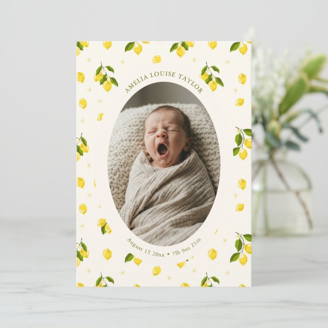 Anuncio de nacimiento de bebé con limón cítrico ov (Anverso de pie)