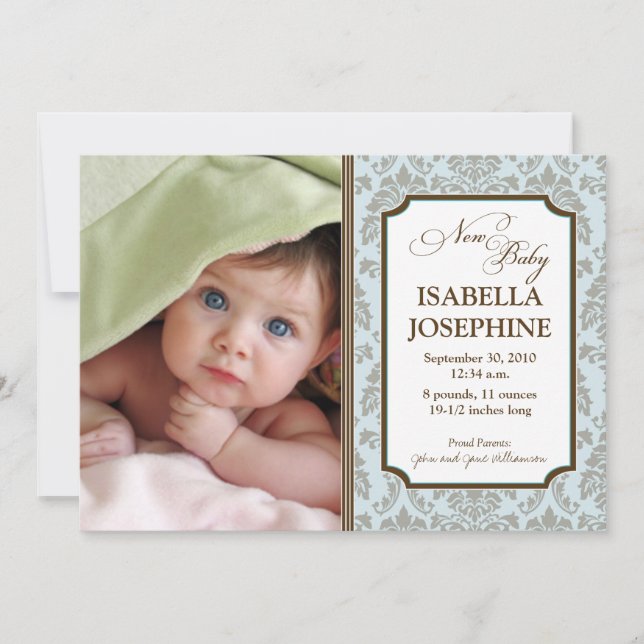 Anuncio de nacimiento de bebé con patrón barroco ( (Anverso)