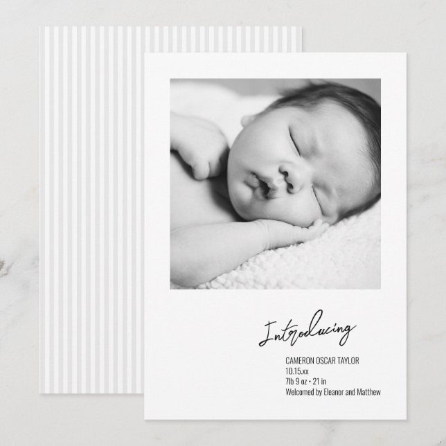 Anuncio de nacimiento de bebé con raya minimalista (Anverso / Reverso)