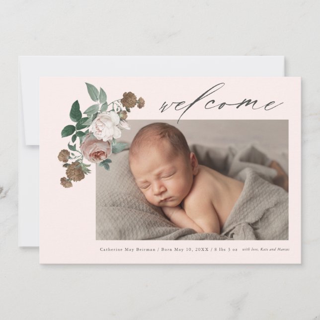 Anuncio de nacimiento de bebé con rosa floral vint (Anverso)