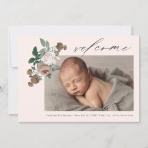 Anuncio de nacimiento de bebé con rosa floral vint