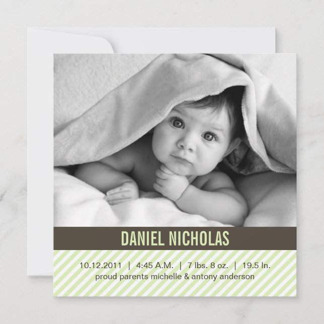 Anuncio de nacimiento de bebé de Pinstripes Verdes (Anverso)