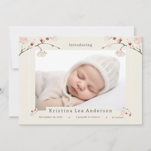 Anuncio de nacimiento de bebé de primavera con flo (Anverso)
