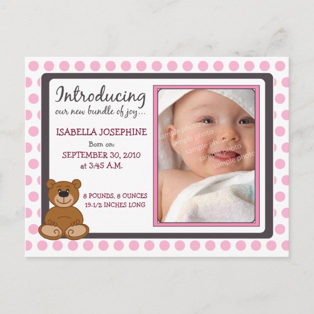 Anuncio de nacimiento de bebé de Teddy Bear Polkad (Anverso)