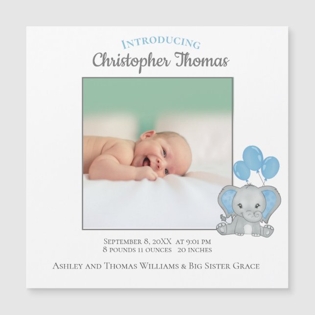 Anuncio de nacimiento de bebé elefante azul niño (Anverso)