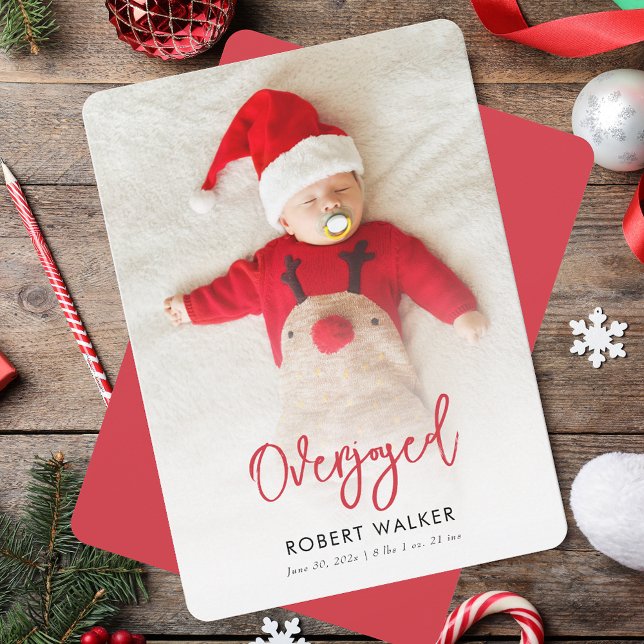 Anuncio de nacimiento de bebé en vacaciones con fo (Overjoyed Holiday Baby Photo Birth Announcement)