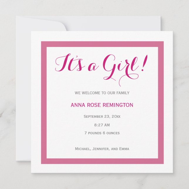 Anuncio de nacimiento de bebé estilo clásico rosad (Anverso)
