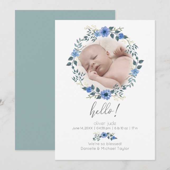 Anuncio de nacimiento de bebé | Flora azul acuarel (Anverso / Reverso)