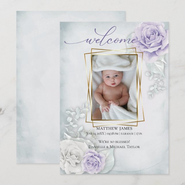 Anuncio de nacimiento de bebé floral azul de Lilac (Anverso / Reverso)