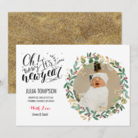 Anuncio de nacimiento de bebé floral verde de Año 
