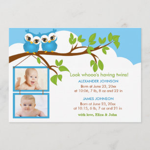 Anuncio de nacimiento de bebé gemelos Owl Boy Phot