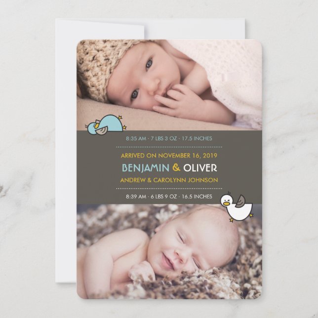 Anuncio de nacimiento de bebé gemelos personalizad (Anverso)