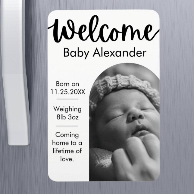 Anuncio de nacimiento de bebé - Imán fotográfico c (Pregnancy Birth Announcement - Custom Photo Fridge Magnet)
