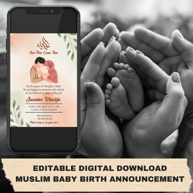 Anuncio de nacimiento de bebé musulmana (EDITABLE DIGITAL DOWNLOAD MUSLIM BABY BIRTH ANNOUNCEMENT
Muslim Baby Girl Birth Announcement New Pa)