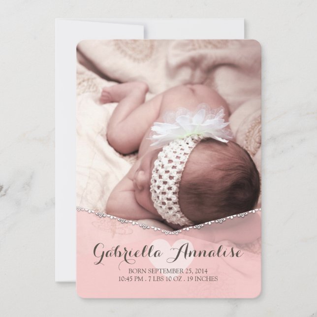 Anuncio de nacimiento de bebé niña de cuna rosa (Anverso)