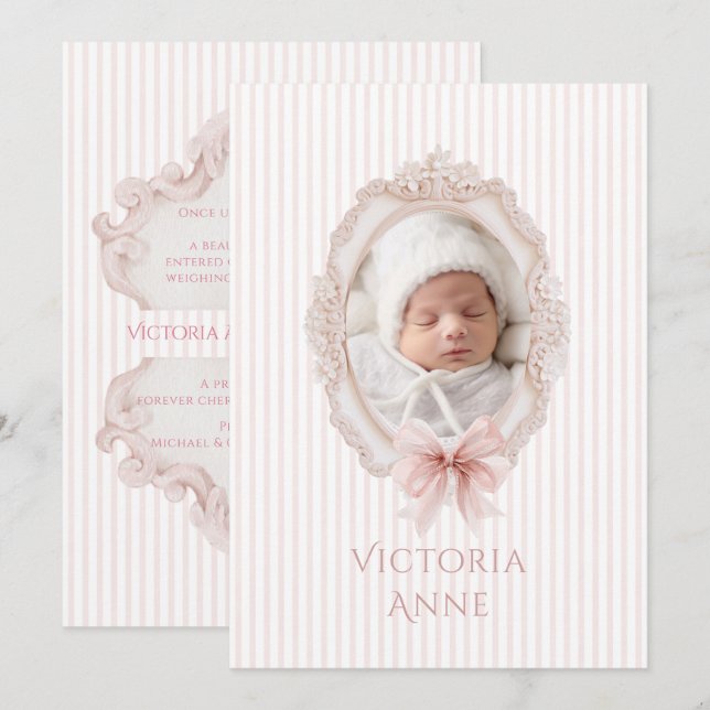 Anuncio de Nacimiento de Bebé Niña Elegante Vintag (Anverso / Reverso)