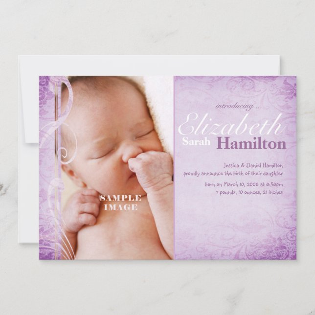 Anuncio de nacimiento de bebé niña morada (Anverso)