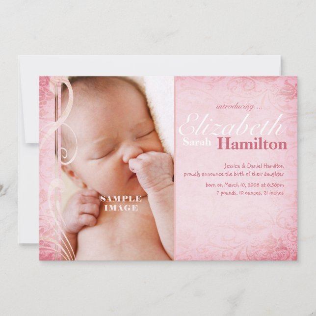 Anuncio de nacimiento de bebé niña rosa (Anverso)