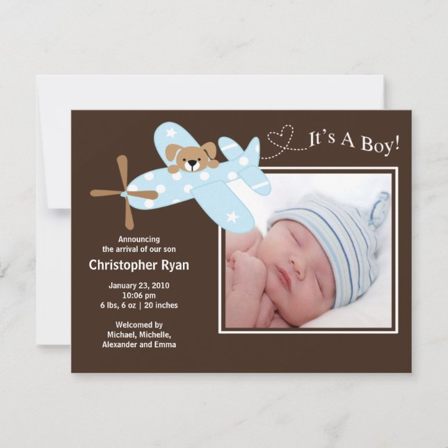 Anuncio de nacimiento de bebé niño Avión Azul (Anverso)